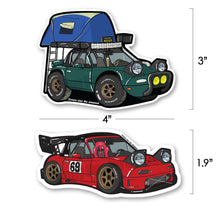 Load image into Gallery viewer, Jimmy Has No Garage Miata Stickers Mieep And Big Bro size dimension