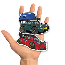 Load image into Gallery viewer, Jimmy Has No Garage Miata Stickers Mieep And Big Bro on hand